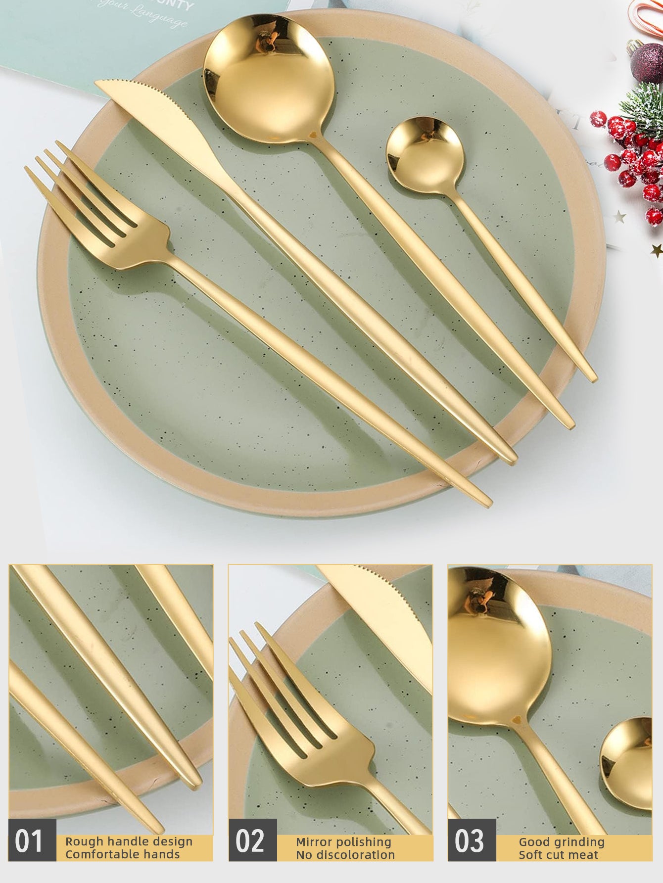 24pcs Gold Dinnerware Set Stainless Steel Steak Knife Fork Coffee Spoon Teaspoon Flatware Sets Dishwasher Safe Kitchen Tablewar