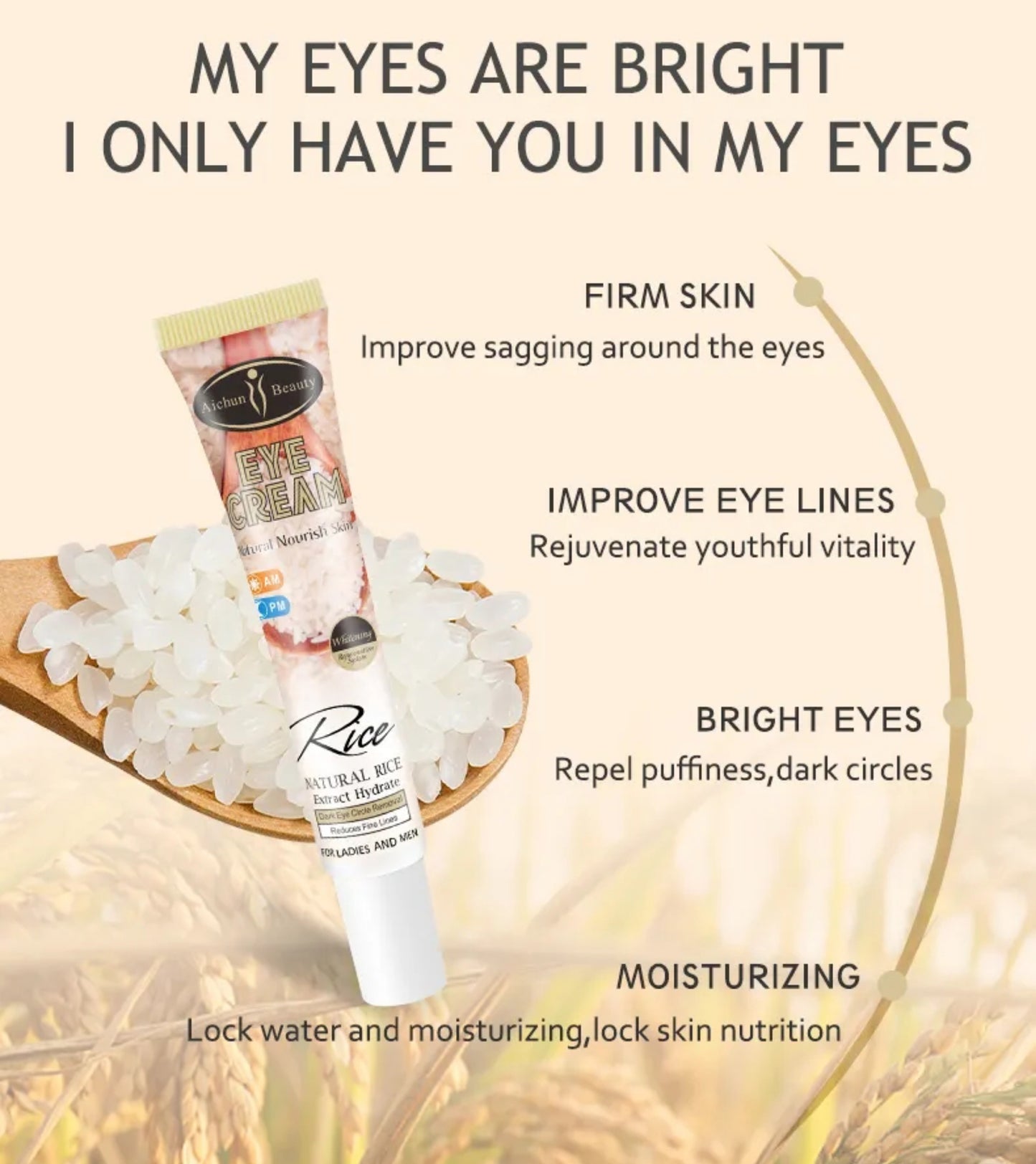 Aichun Beauty Natural Rice Eye Cream - Bags Removal Anti Wrinkle Firming Eye Cream for dark circles and puffiness