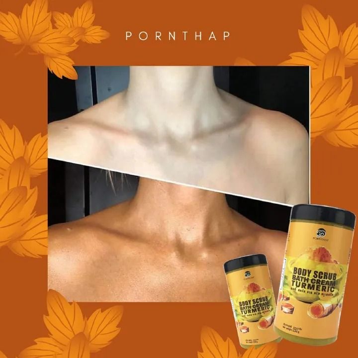 Pack Of 2 - Turmeric Body Oil 1000ml + Body Scrub 550g Super Whitening Skin Repair Anti-Aging Removes Wrinkles Dark Spots & Smooths Clears Knuckles PornThap Premium Organic Exfoliating Body Scrub