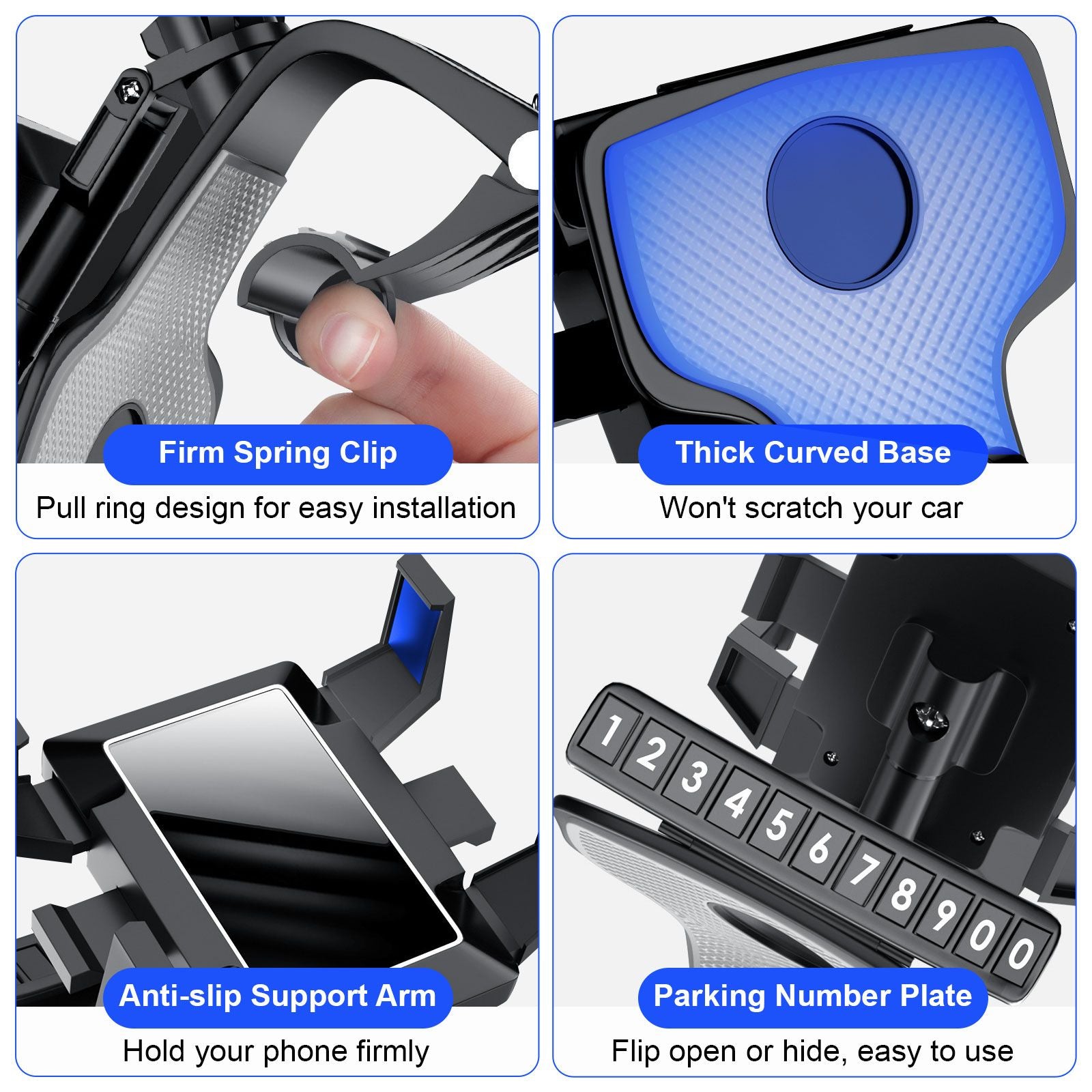 Car Phone Holder, 360 Degree Rotating Dashboard Car Phone Mount with Adjustable Spring Clip for 4-7in Smartphones