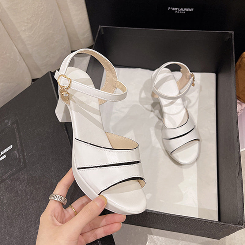 size 38-41 Ladies mouth shoes open shoes high heels Sandals Women's single button sandals exquisite dance shoes Girls chunky heel sandal edge white shoes