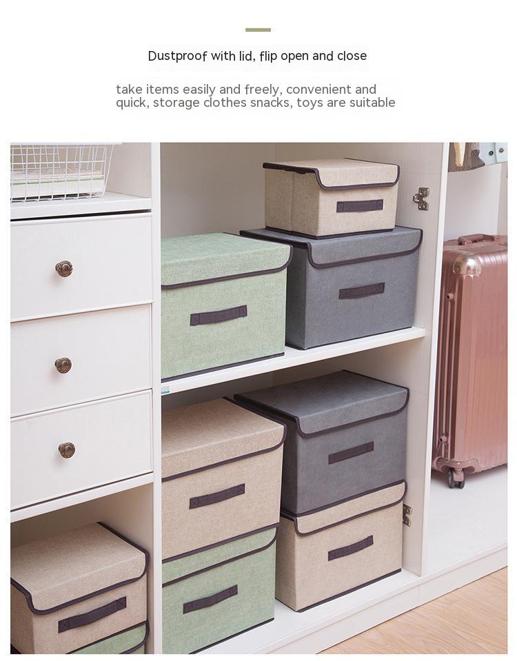 Gray Household Imitation Linen Foldable Dustproof Storage Box With Lid Multifunctional Sorting Organization Box For Clothes Sundrie