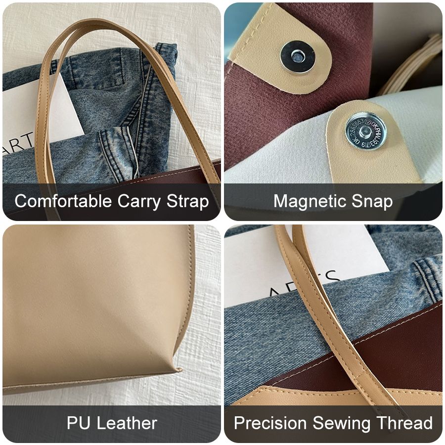 2 In 1 Ladies Handbags Pouch Bags Set Large Capacity Tote Bag Small Bag PU synthetic leather Color-Block Bag