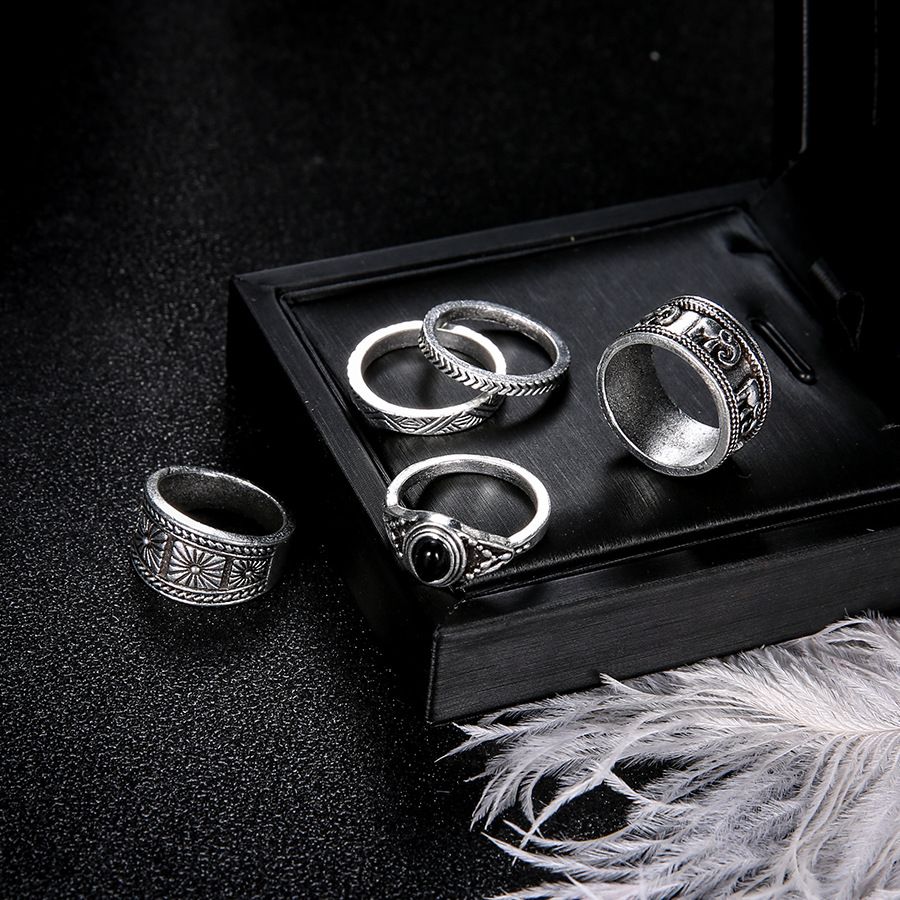 Popular joint rings European and American bohemian style totem black gemstone 5-piece rings