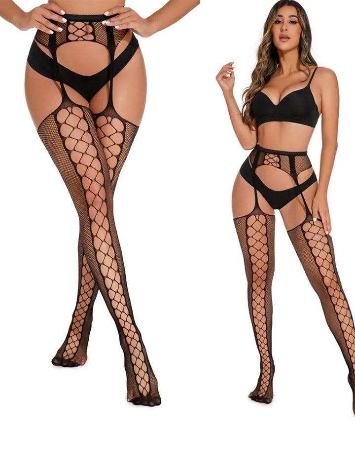 Erotic Stockings Women Fashion Hollow Out Sexy Pantyhose Black Tights Fishnet Stockings Club Party Hosiery Female Sexy Lingerie Girls Thigh Mesh Socks Garter Belt Women Plus Size Thigh High Socks