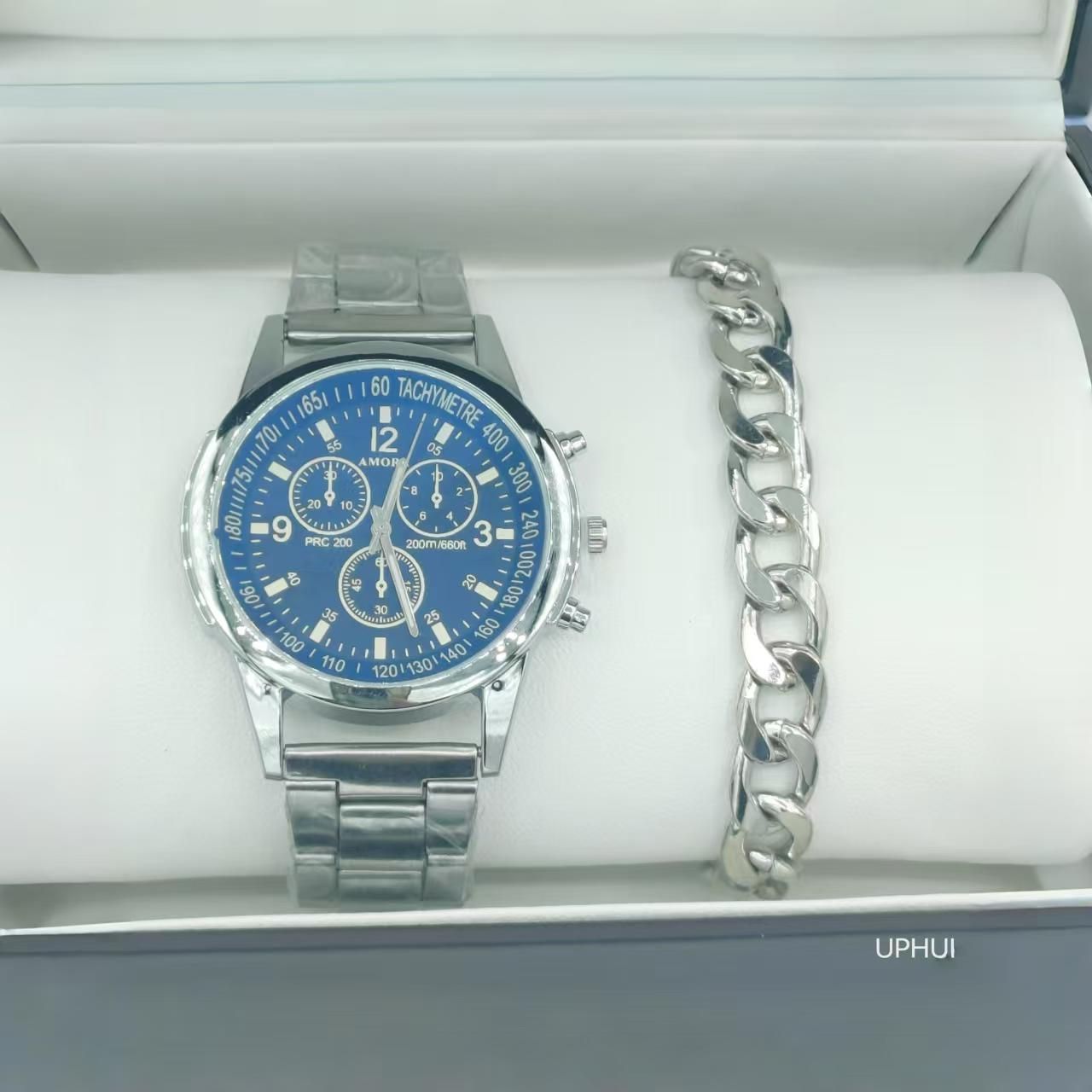 ZHJH Men's Large Dial Watch Metal Bracelet Set Men's Metal Strap Wristwatch Men's Quartz Watch Silver Watch Set