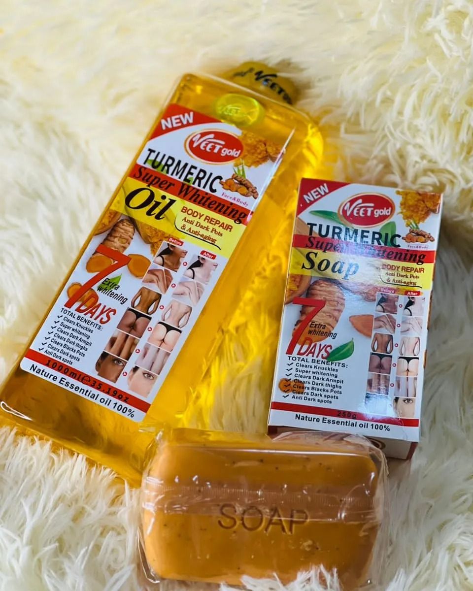VEET GOLD Turmeric Supper Whitening Oil 1000ml + Soap 250g Whitening Soap Clears Knuckles Removes Dirt & Impurities Super Whitening Clears Dark Thighs Anti Dark Spots Body Oil 1000ml
