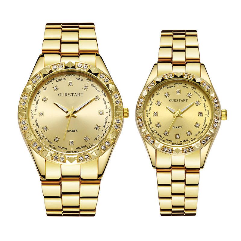 2PCS Lover Watches Business Stainless Steel Back Gold Watch Classic Diamond Rhinestone Couple Gift Watch Hip Hop Metal Color Bling Diamond and Steel Strip Women Men Couple Quartz Watch