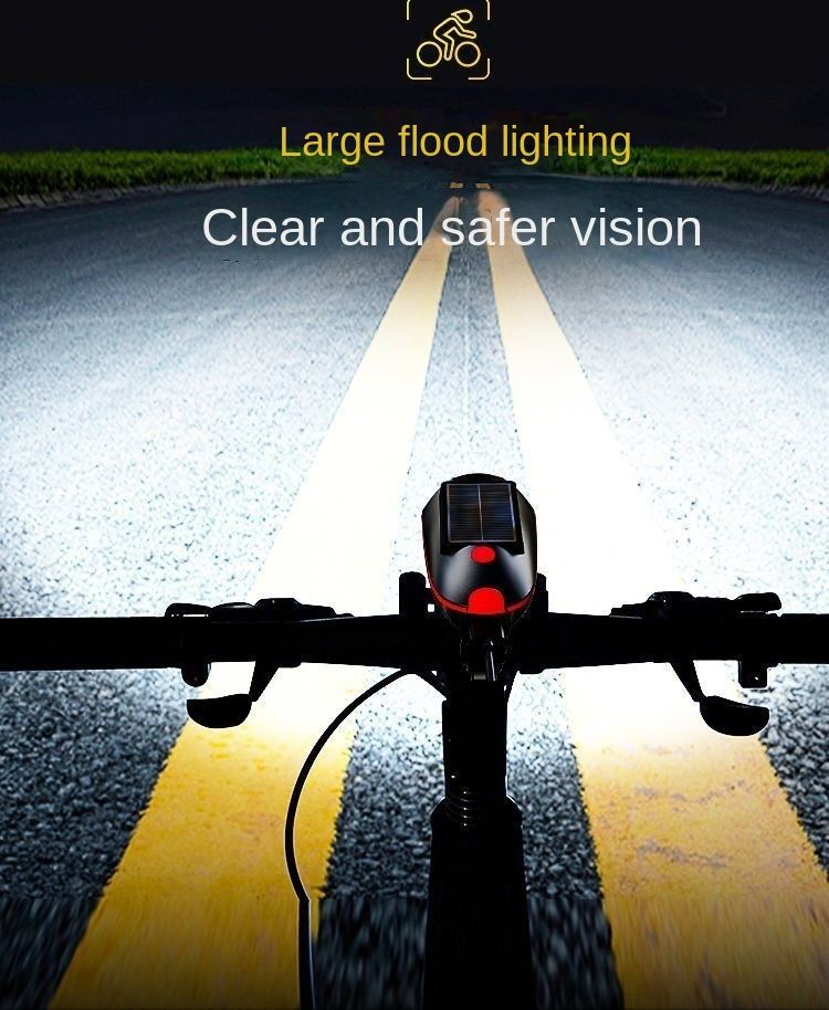 Solar Bicycle Light Multi-Functional Solar-Powered and USB Rechargeable Battery Mountain Bike Night Cycling High Brightness Light Bike Front Light and 120dB Horn Bicycle Charging Light