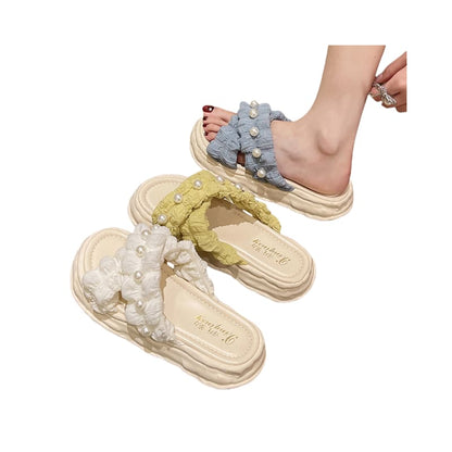 Open Shoes New Fairy Style Platform Dissolved Shoes Seaside Beach Slippers Ins Pearl Sandals Women's Outer Wear Indoor Slippers Blue