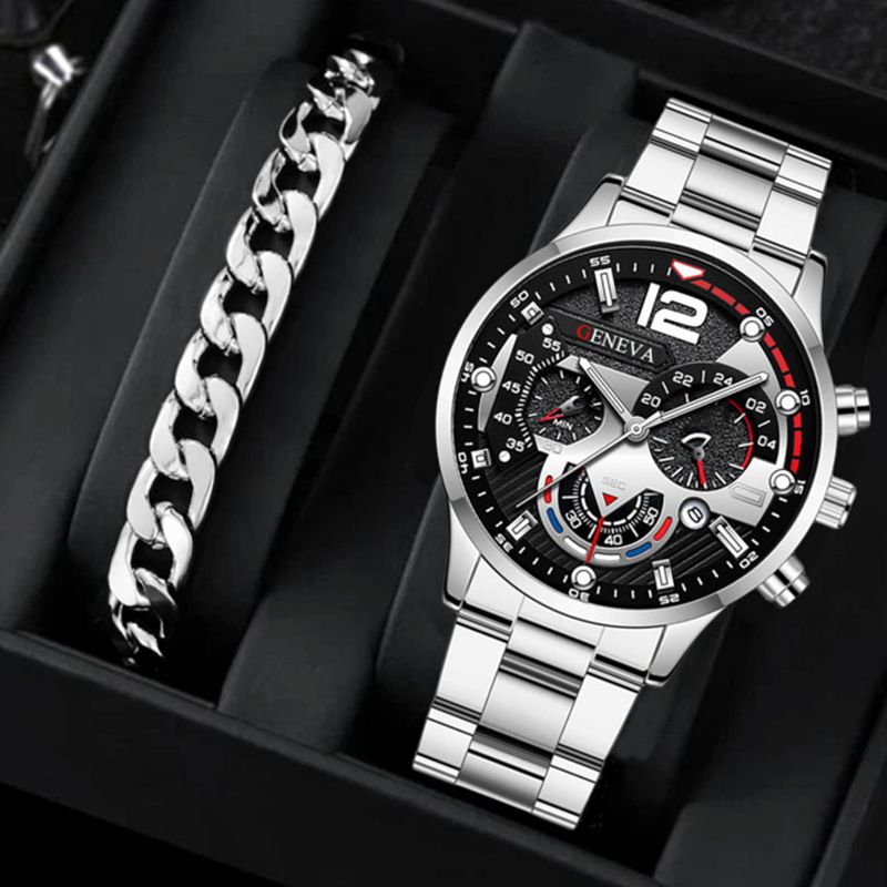 2Pcs/Set Fashion Watch Bracelet Set Men Watches Men's Watches Quartz Business Watches Male Wrist Watch Men Bracelet Jewelry