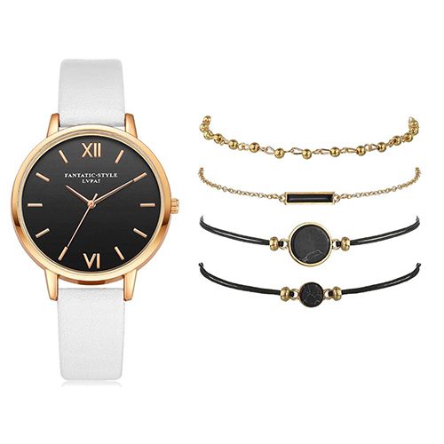 5pcs Quartz Watch Set Ladies Elegant Gemstone Bracelet Quartz Wristwatch Women Leather Quartz Watches Bracelet Set Clock Gift