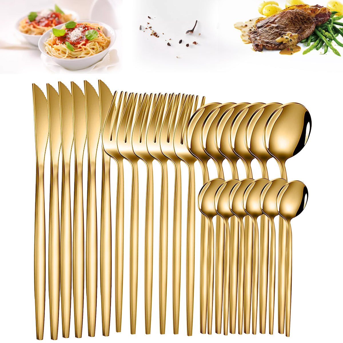 24pcs Gold Dinnerware Set Stainless Steel Steak Knife Fork Coffee Spoon Teaspoon Flatware Sets Dishwasher Safe Kitchen Tablewar