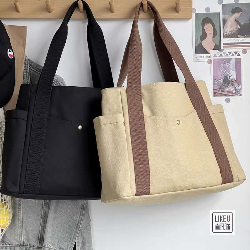 Preppy Style Shoulder Bag Unisex Large Capacity HandBag Casual Versatile Solid Canvas Bag Student Commuting Zipper Square Bag