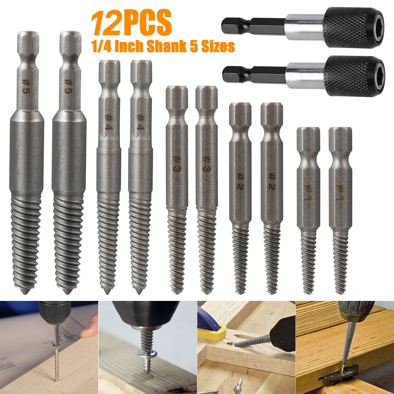 12Pcs Stud Screw Extractor Remover 1/4 Inch Hex Shank Damaged Bolt Easy Out Sets