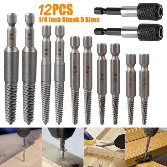 12Pcs Stud Screw Extractor Remover 1/4 Inch Hex Shank Damaged Bolt Easy Out Sets