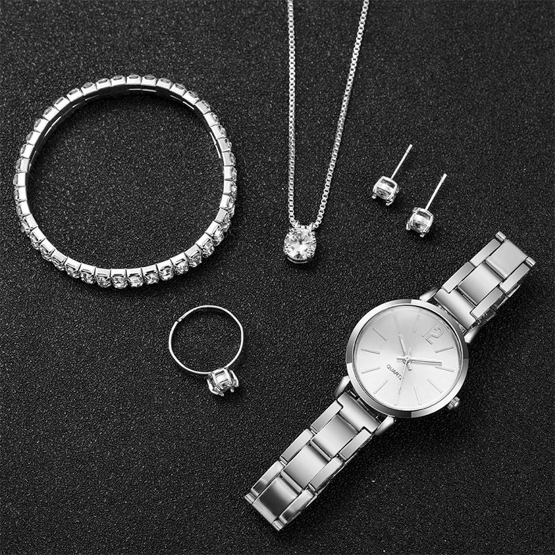 6PCS/Set Fashion Women's Quartz Watch Stainless Steel Band Wrist Watches Diamond Jewelry Set