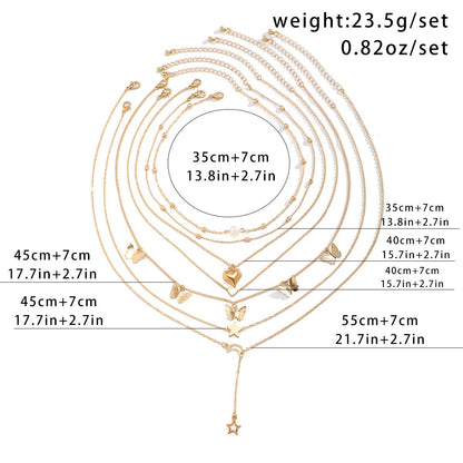 6PCS Ladies' Necklace Luxury Set Butterfly Tassel Layered Moon Pearl Pentagram Set Collarbone Chain Metal Chain Heart Necklace Versatile Personality 6 Mixed And Matched Light Luxury Deluxe Gifts