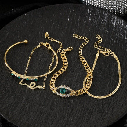 4PCS Bracelets For Women Retro Inlaid With Green Diamonds Bracelet Vintage Chain Link Adjustable Women Jewelry Set Jewelry Gift for Girls