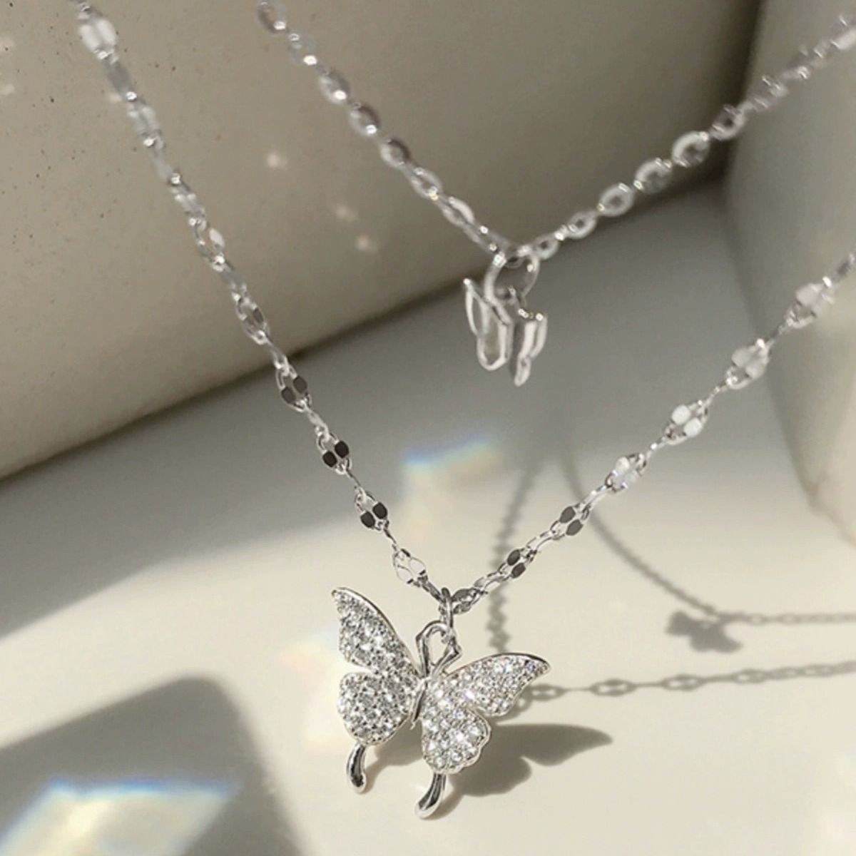 Double-layer Butterfly Necklace Female Necklace Niche Temperament Simple New Style Advanced Design Titanium Steel Does Not Fade
