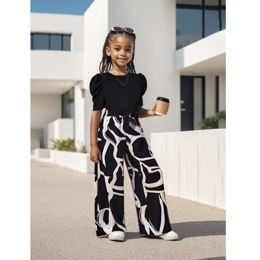 Two-Piece Set(T-shirt+Pants) Girls' Summer - Bubble Sleeve Top & Floral Print Wide Leg Pants, Trendy Casual Outfit for Kids with Vintage Chic Style