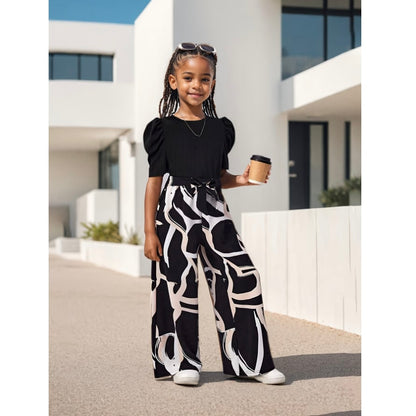 Two-Piece Set(T-shirt+Pants) Girls' Summer - Bubble Sleeve Top & Floral Print Wide Leg Pants, Trendy Casual Outfit for Kids with Vintage Chic Style