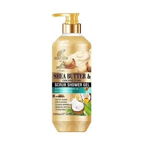 ROUSHUN Shea Butter & Coconut Oil Scrub Shower Gel Super Glowing & Anti-wrinkle Good Quality 1000ml Removes Acnes Clear Pimples Cleans and Hydrates Glow and Shine