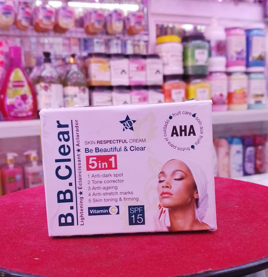 B.B.Clear skincare product box on a red surface with a blurred store shelf in the background
