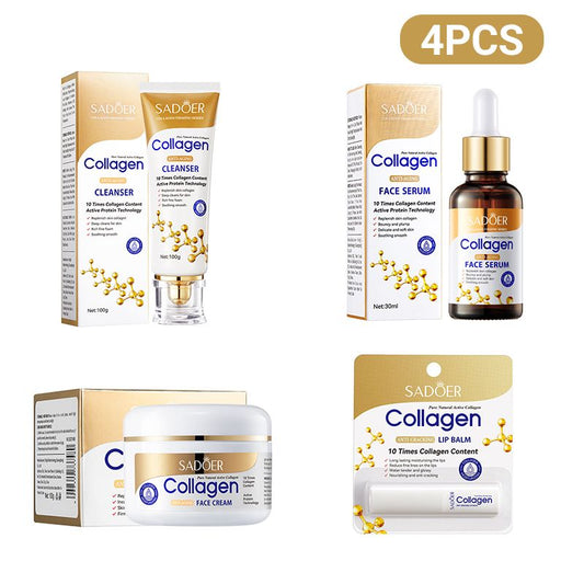 SADOER 4PCS Skin Care Set Collagen Anti-Wrinkle Moisturizing Set Face Cleanser + Anti-aging Collagen Face Cream + Collagen Face Serum + Lip Balm