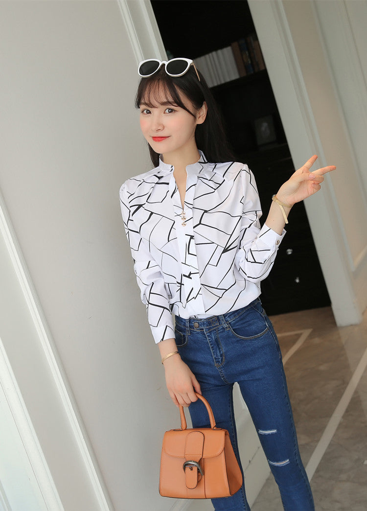 Blouses Smooth Cut Plus-Size Women's White Chiffon Shirt Fashion Commuter Striped Print Casual Long-Sleeved Top