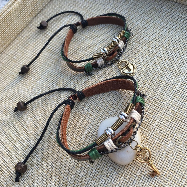 New 2PCS/Set Lovers Key Bracelet Lock Key Couples Bracelets His & Hers Leather Bangles Men Jewellery Valentine's Day Gift