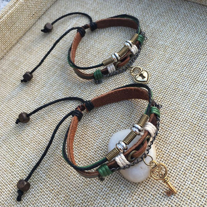New 2PCS/Set Lovers Key Bracelet Lock Key Couples Bracelets His & Hers Leather Bangles Men Jewellery Valentine's Day Gift