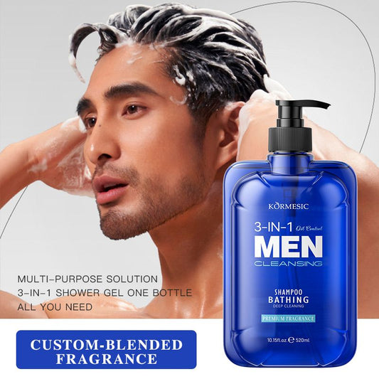 520ml Men's 3-in-1 Shower Gel, Shampoo & Face Wash | Multi-Purpose Body Wash with Micron-Level Foam to Eliminate Stickiness & Sweat Odor for Soft, Smooth Skin Oil control