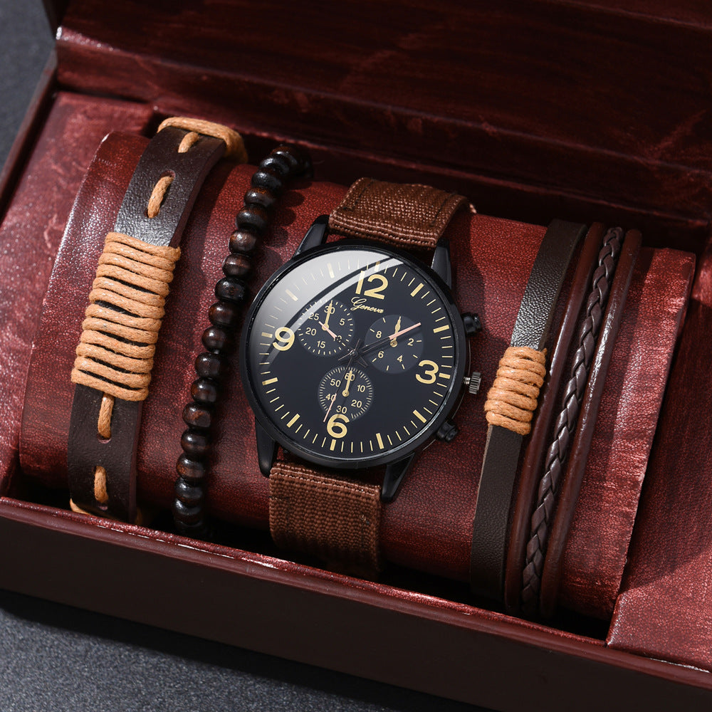 4 Pcs/ Set Men Watches Luxury Fashion Design Leather Watch Luxury Bracelet Set Fashion Business Casul Brown Leather Quartz Wrist Watches For Men Gift Set high quility best price on sale