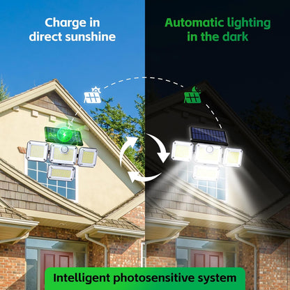Solar Wall Lamp, 4-Head Solar Power Light, 333 LED Solar Light, Wireless Flood Lights Outdoor，3000 Lumens, 6500K, Motion Sensor, IP65 Waterproof, 270° Lighting Range for Street, Garden, Pathway