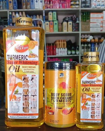 3 Pack VEET gold Turmeric Body Oil 1000ml + 250ml + Body Scrub Super Whitening Skin Repair Anti-Aging Removes Wrinkles Dark Spots & Smooths Clears Knuckles Super Whitening