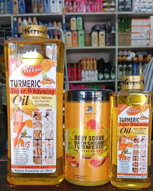 3 Pack VEET gold Turmeric Body Oil 1000ml + 250ml + Body Scrub Super Whitening Skin Repair Anti-Aging Removes Wrinkles Dark Spots & Smooths Clears Knuckles Super Whitening