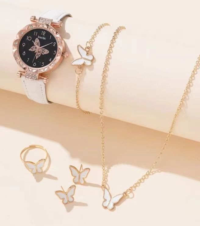 6PCS Women's Watch Earrings Rings Necklace Bracelet Set Ladies' Butterfly Jewelry Set Women's Wristwatch Leather Strap Quartz Watch Ladies' Butterfly Watch Set