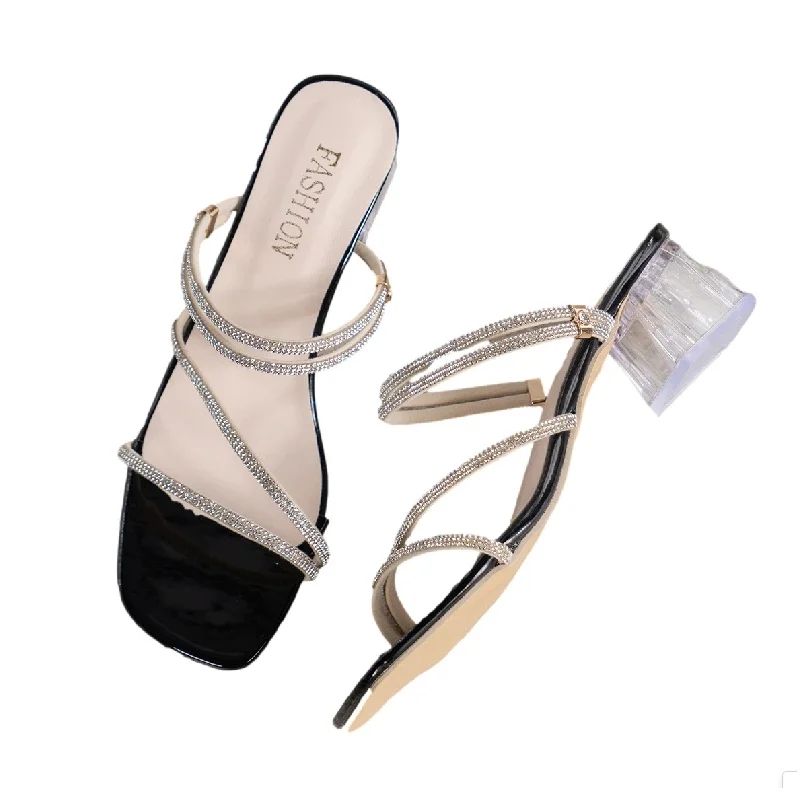 Summer Bling Mid Heels Slippers Shoes Women 2024 New Outside Sandals Pumps Shoes Fashion Party Heels Sandals