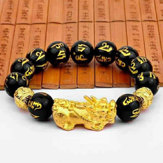 Feng Shui Obisidian Stone Beads Bracelet Men Women Wristband Gold Color Pixiu Black Six Character Proverbs Wealth and Good Luck