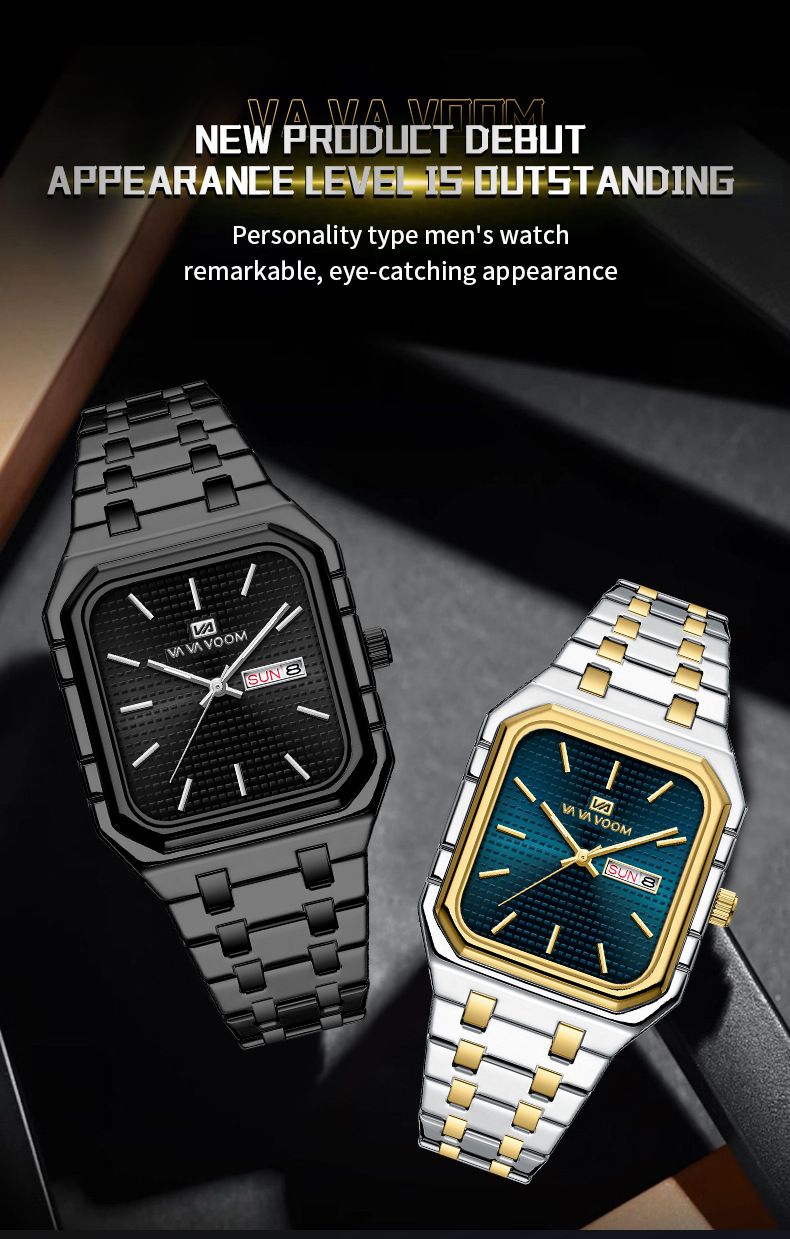 New Business Casual Men's Watch Waterproof Simple Fashion Luminous Square Gradient Gold Steel Belt Men's Brand Watch