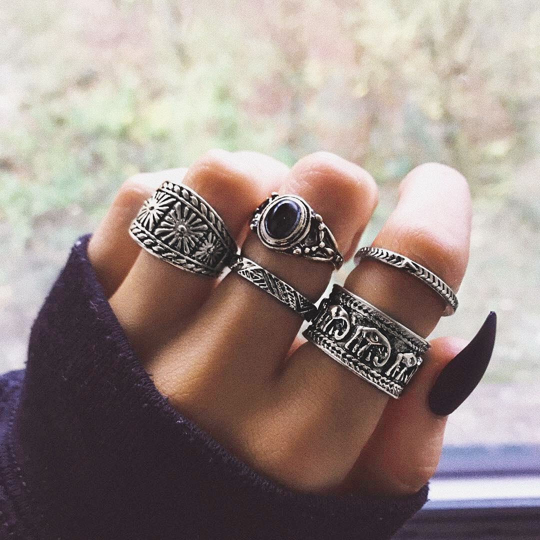 Popular joint rings European and American bohemian style totem black gemstone 5-piece rings