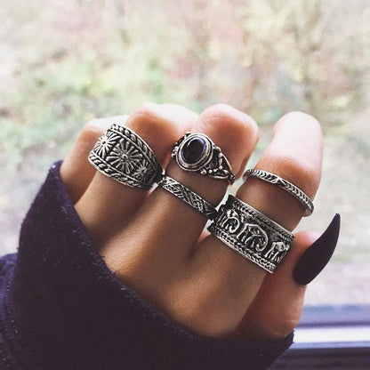 Popular joint rings European and American bohemian style totem black gemstone 5-piece rings