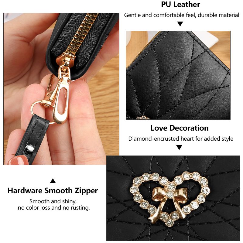 Classic Ladies Clutch Bag Mobile Phone Bag PU Black Long Wallet Card Holder