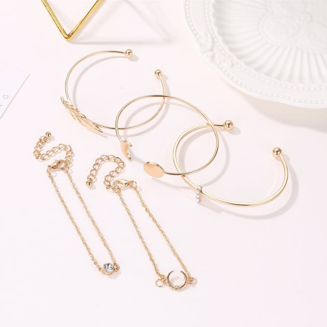 Fashion Lady Alloy Leaf Moon Open Bangle Bracelet Combination Jewellery MMSHOP Amazon Hot Sale 5 Pieces / set Gold as picture