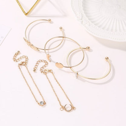 Fashion Lady Alloy Leaf Moon Open Bangle Bracelet Combination Jewellery MMSHOP Amazon Hot Sale 5 Pieces / set Gold as picture