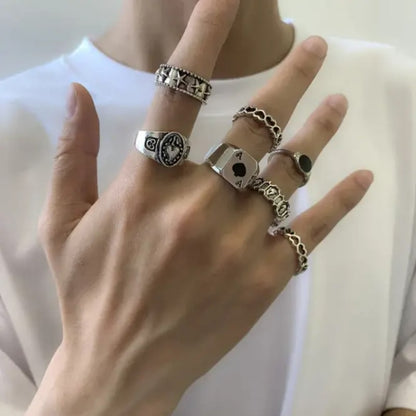 7 Pcs/set Creative Fashion Rings Set For Men And Women Jewelry Simple Atmospheric Dark Vintage Spades Love Ring