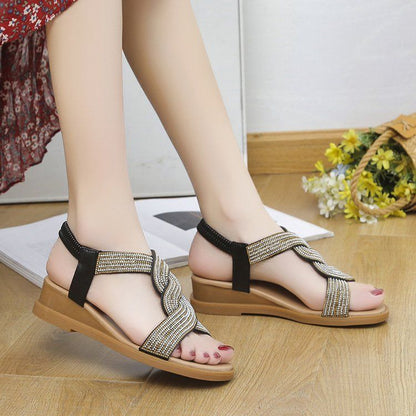 Wedge Flats Sandals Cross Wide Strip Design Sense Rhinestone Fashion Casual Women's Shoes