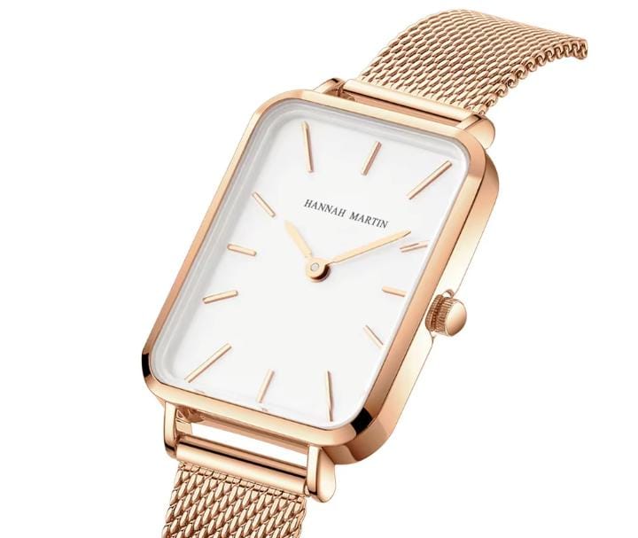 Hannah Martin HM-1241 Rectangular Watch – 34 mm Ultra-Slim Rose-Gold Alloy Case, Mesh Bracelet, Japanese Quartz Movement, 3 ATM Water-Resistant Fashion Timepiece