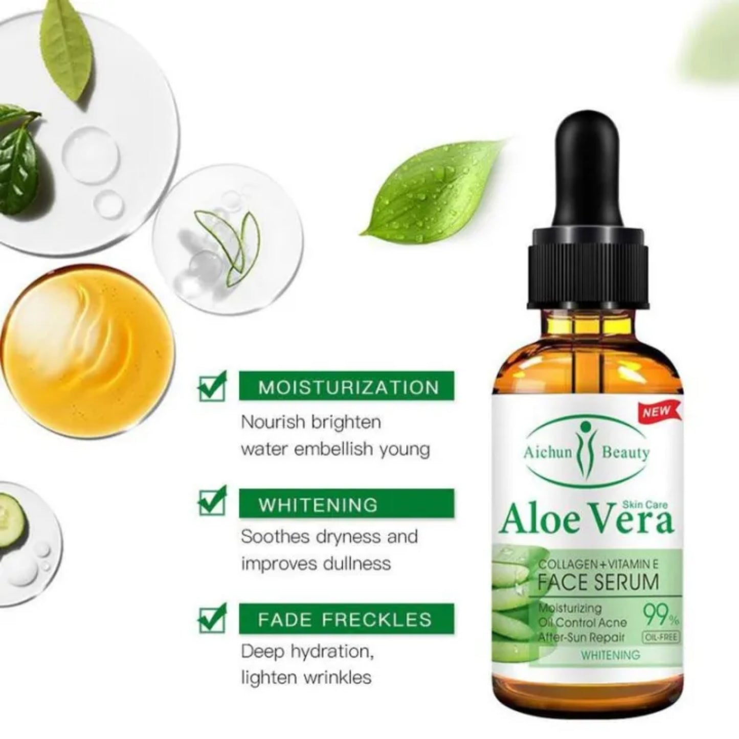 Aloe Vera 99% Face Serum With Collagen + Vitamin E - Moisturizing Oil Control Acne After Sun Repair Whitening - Aichun Beauty